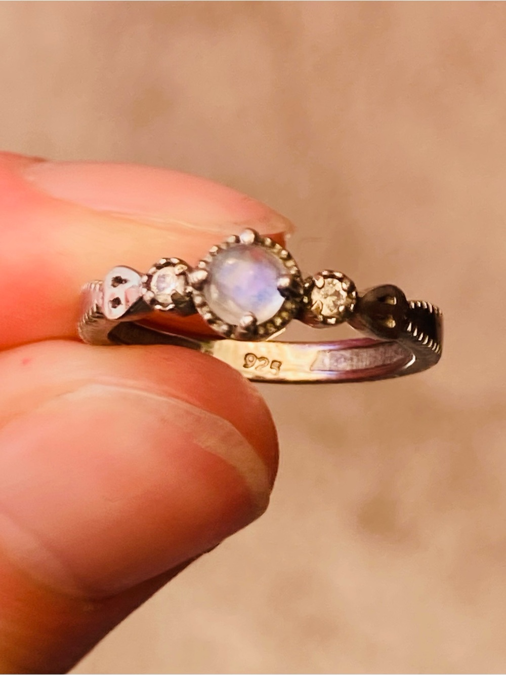 925 Sterling Silver & Natural Moonstone Crown Ring with Accent Stones